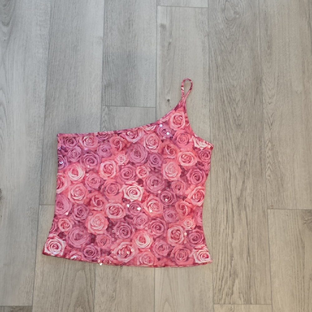 NWT Vintage Express One-Shoulder Rose Print Sequin Cami - Pink